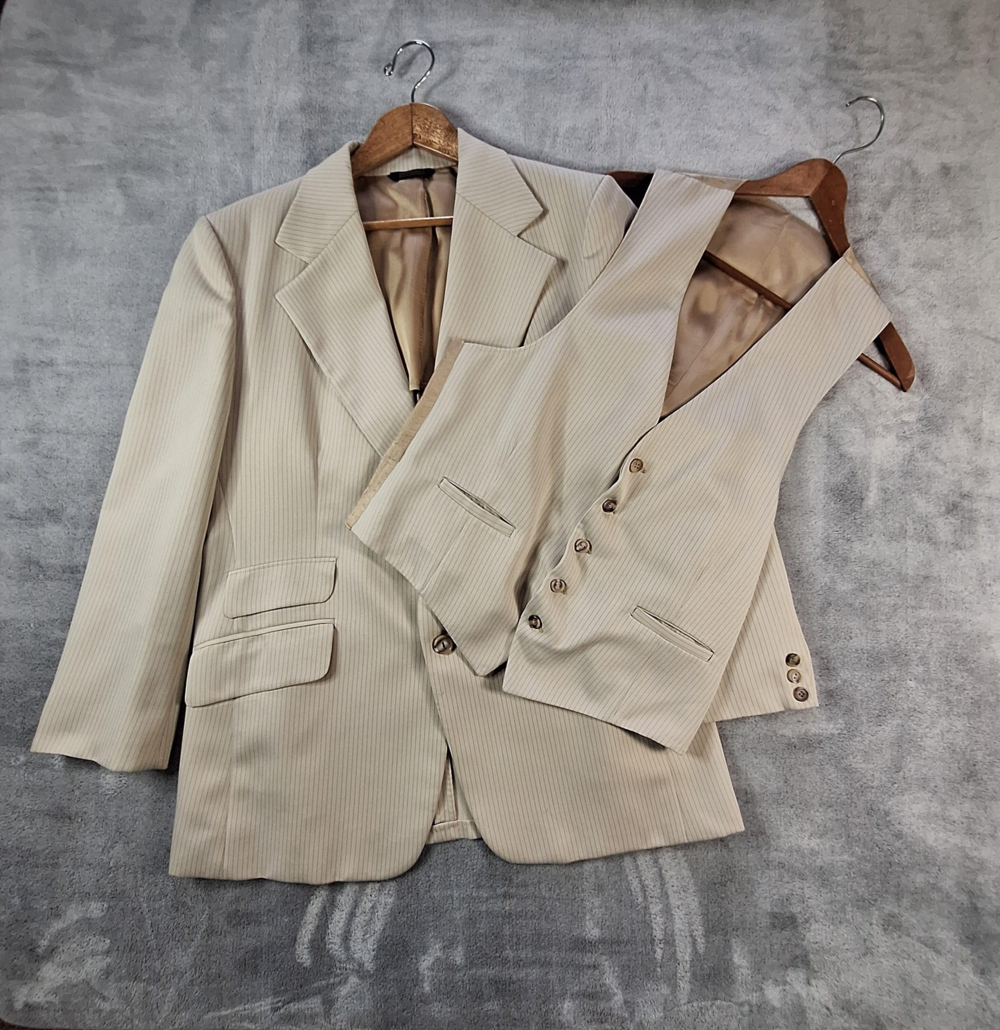 Fioravanti for Brookfield Suit Jacket Vest Mens 42R Tan Pinstripe Double Vented